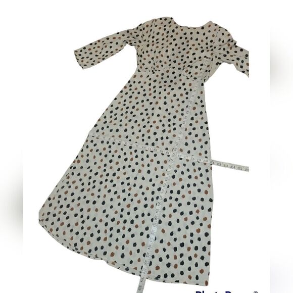 H&M Cleft Open Back Polka Dot White Black and Brown Open Back Midi Dress 4 - Picture 9 of 13